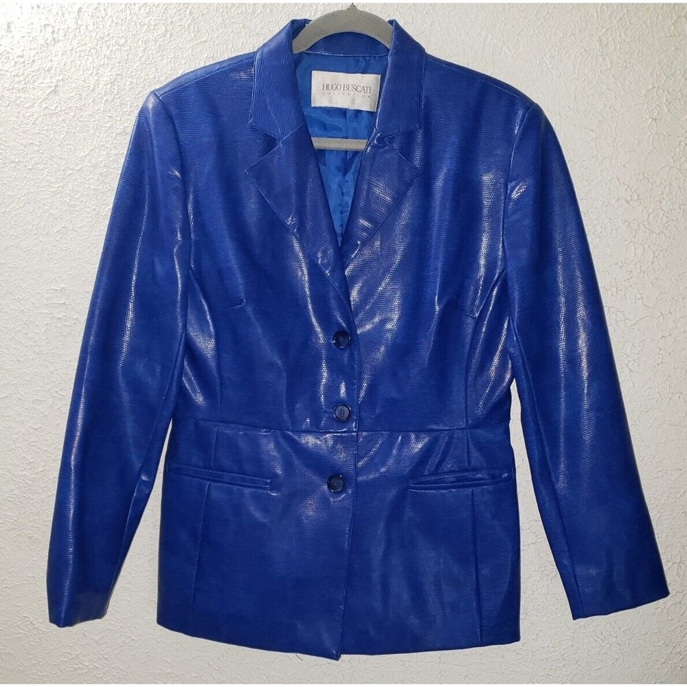 Vintage 90s Hugo Buscati Collection Blue Shiny Blazer Womens Jacket Polyurethane